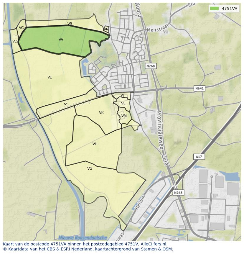 Afbeelding van het postcodegebied 4751 VA op de kaart.