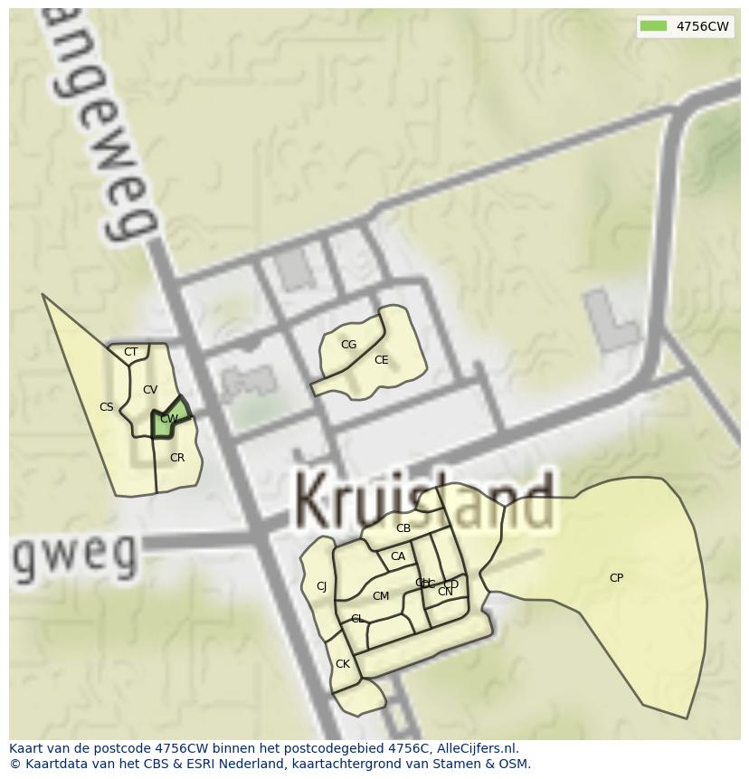 Afbeelding van het postcodegebied 4756 CW op de kaart.