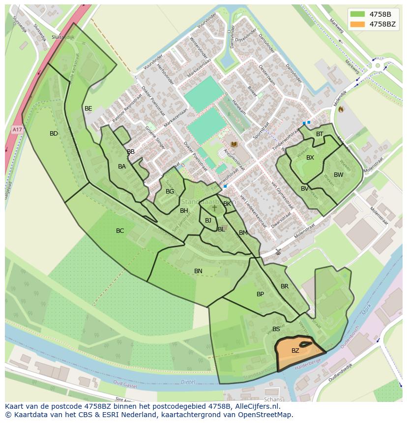Afbeelding van het postcodegebied 4758 BZ op de kaart.