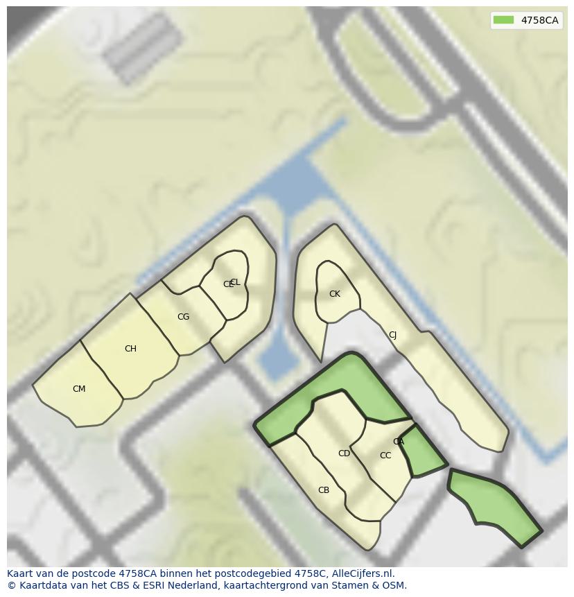 Afbeelding van het postcodegebied 4758 CA op de kaart.