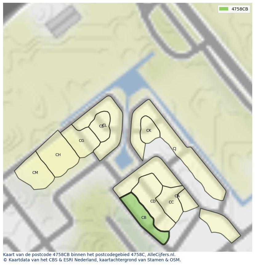 Afbeelding van het postcodegebied 4758 CB op de kaart.