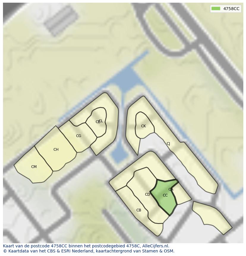 Afbeelding van het postcodegebied 4758 CC op de kaart.