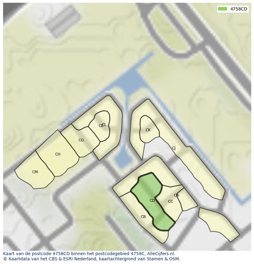 Afbeelding van het postcodegebied 4758 CD op de kaart.