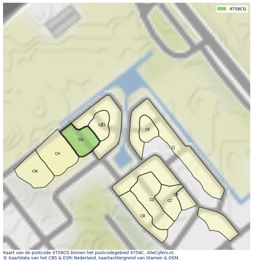 Afbeelding van het postcodegebied 4758 CG op de kaart.