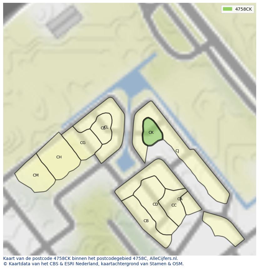 Afbeelding van het postcodegebied 4758 CK op de kaart.