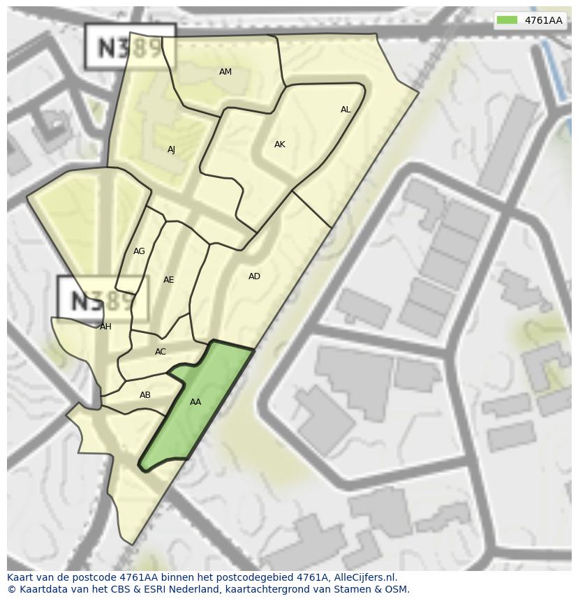 Afbeelding van het postcodegebied 4761 AA op de kaart.