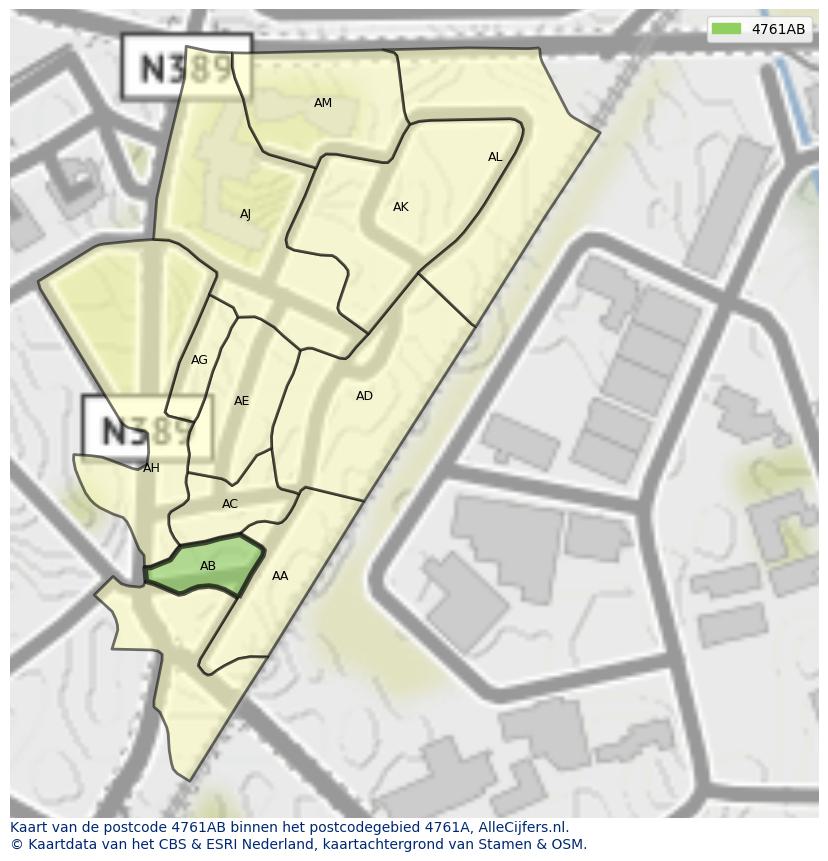 Afbeelding van het postcodegebied 4761 AB op de kaart.