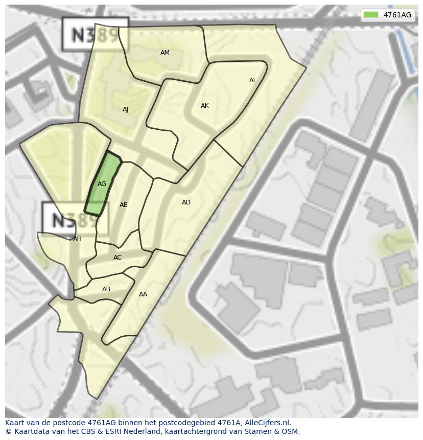Afbeelding van het postcodegebied 4761 AG op de kaart.
