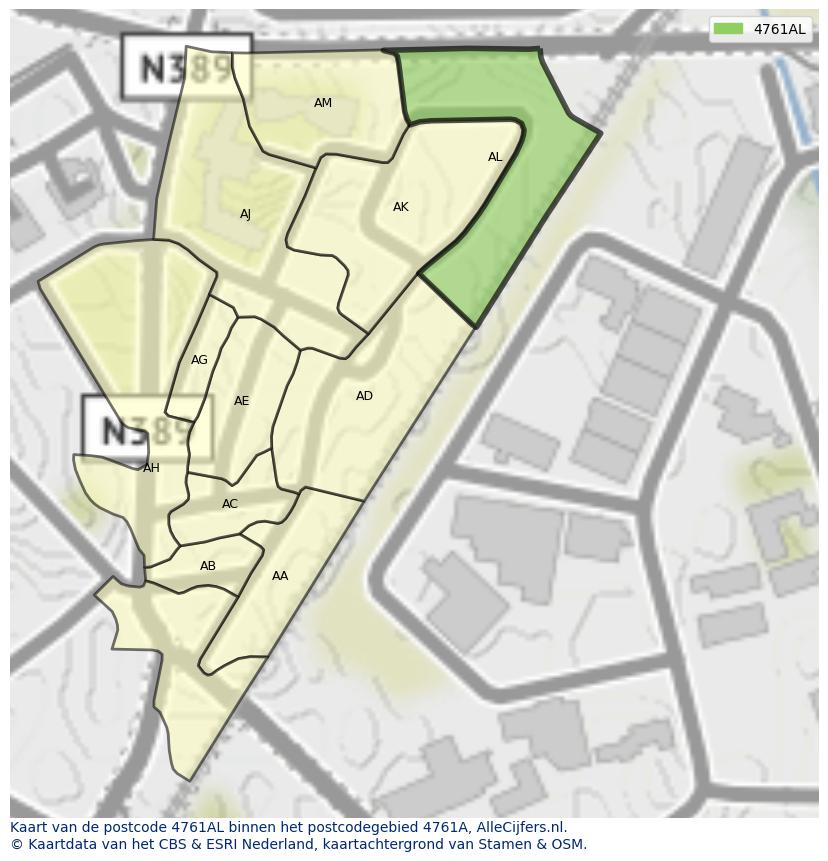 Afbeelding van het postcodegebied 4761 AL op de kaart.