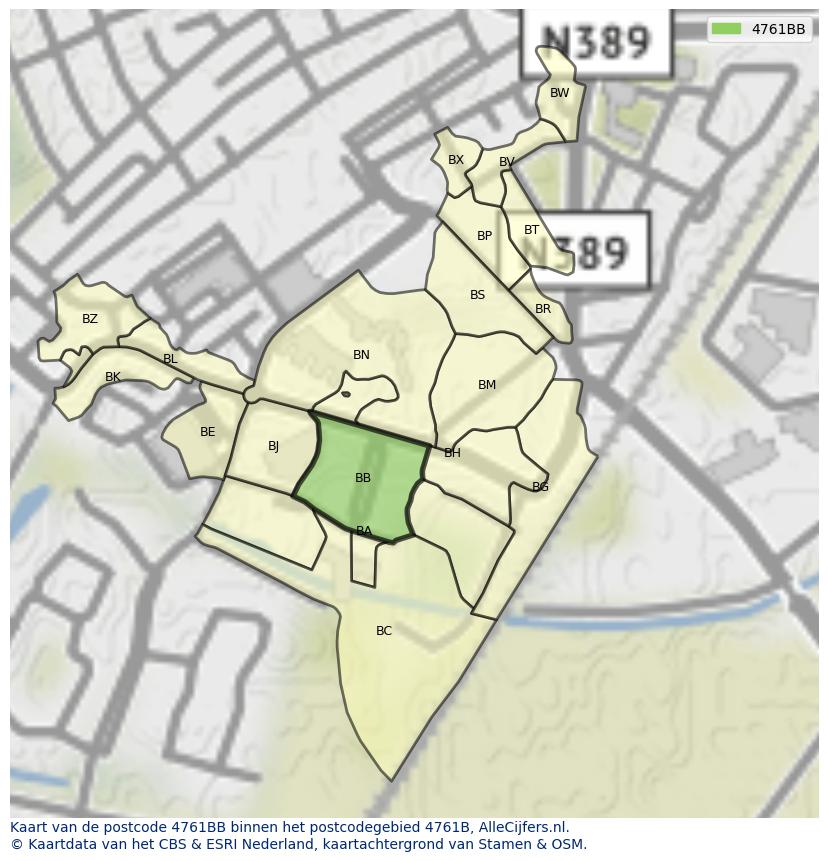 Afbeelding van het postcodegebied 4761 BB op de kaart.