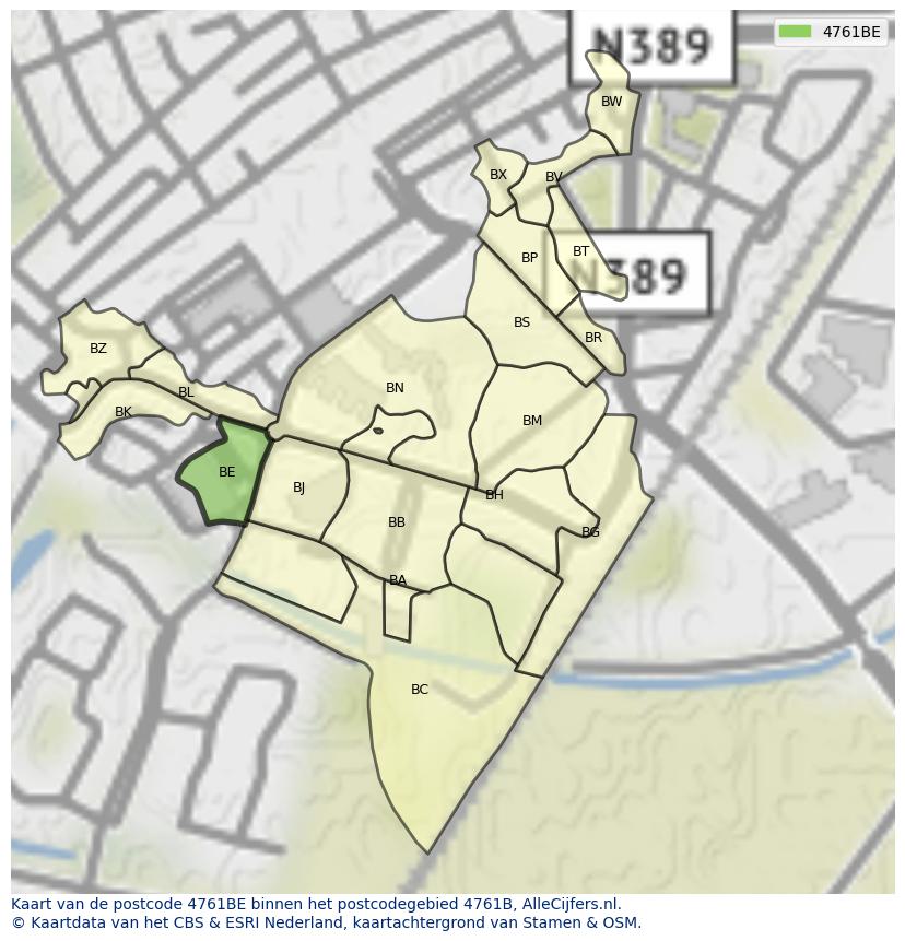 Afbeelding van het postcodegebied 4761 BE op de kaart.