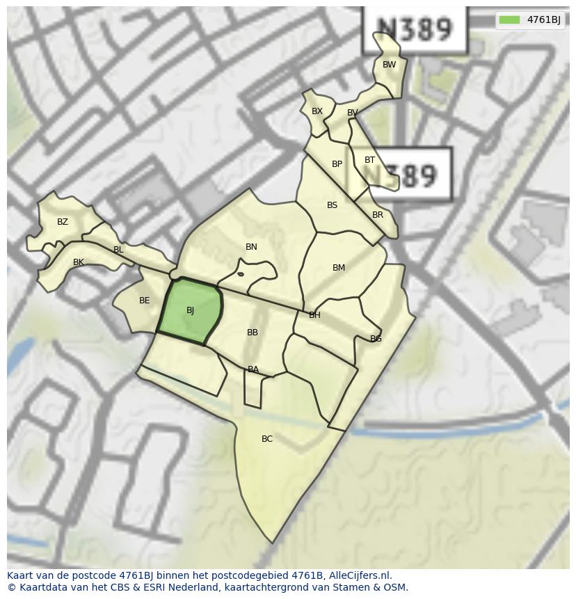 Afbeelding van het postcodegebied 4761 BJ op de kaart.