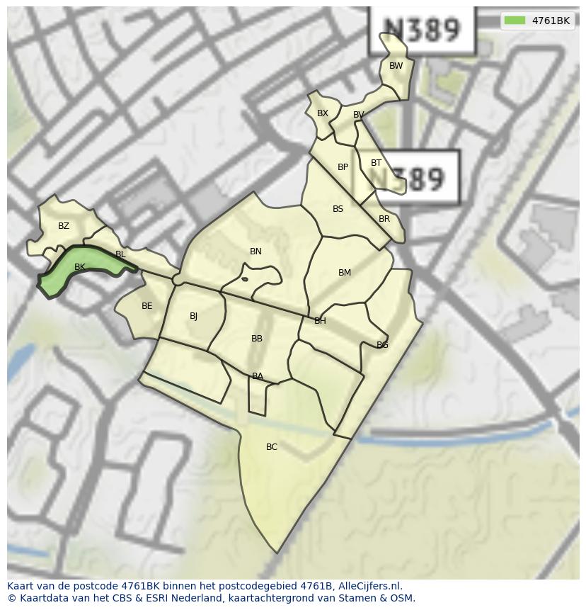 Afbeelding van het postcodegebied 4761 BK op de kaart.