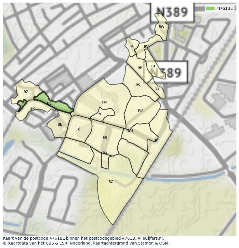 Afbeelding van het postcodegebied 4761 BL op de kaart.