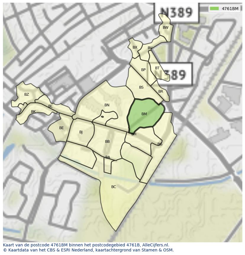Afbeelding van het postcodegebied 4761 BM op de kaart.