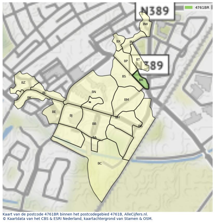 Afbeelding van het postcodegebied 4761 BR op de kaart.