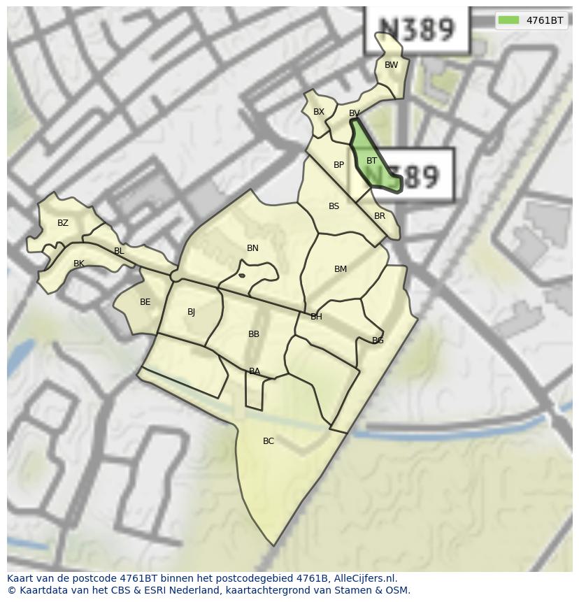 Afbeelding van het postcodegebied 4761 BT op de kaart.