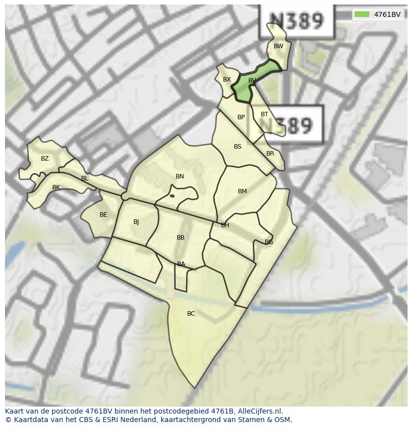 Afbeelding van het postcodegebied 4761 BV op de kaart.