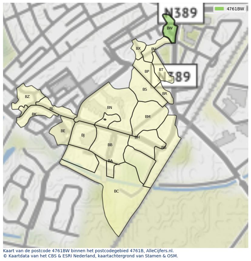 Afbeelding van het postcodegebied 4761 BW op de kaart.