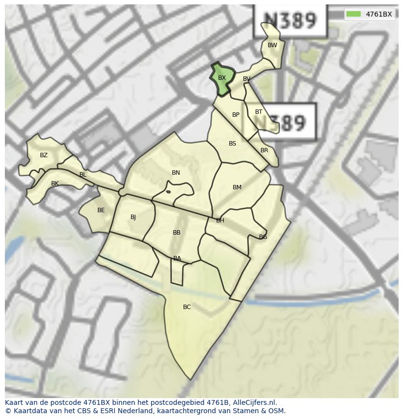 Afbeelding van het postcodegebied 4761 BX op de kaart.