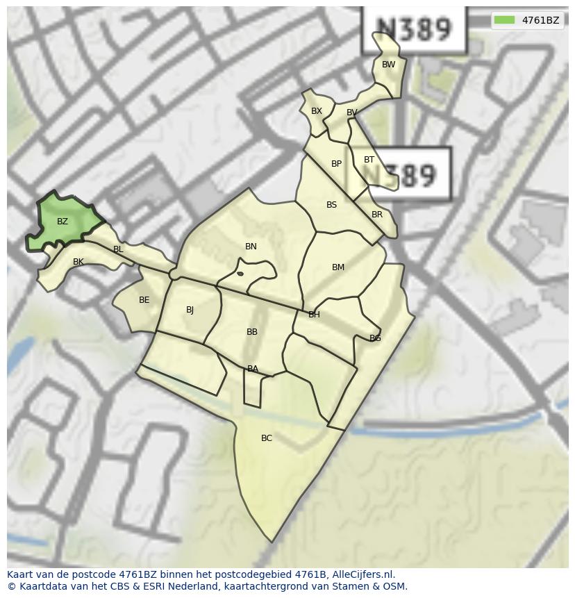 Afbeelding van het postcodegebied 4761 BZ op de kaart.