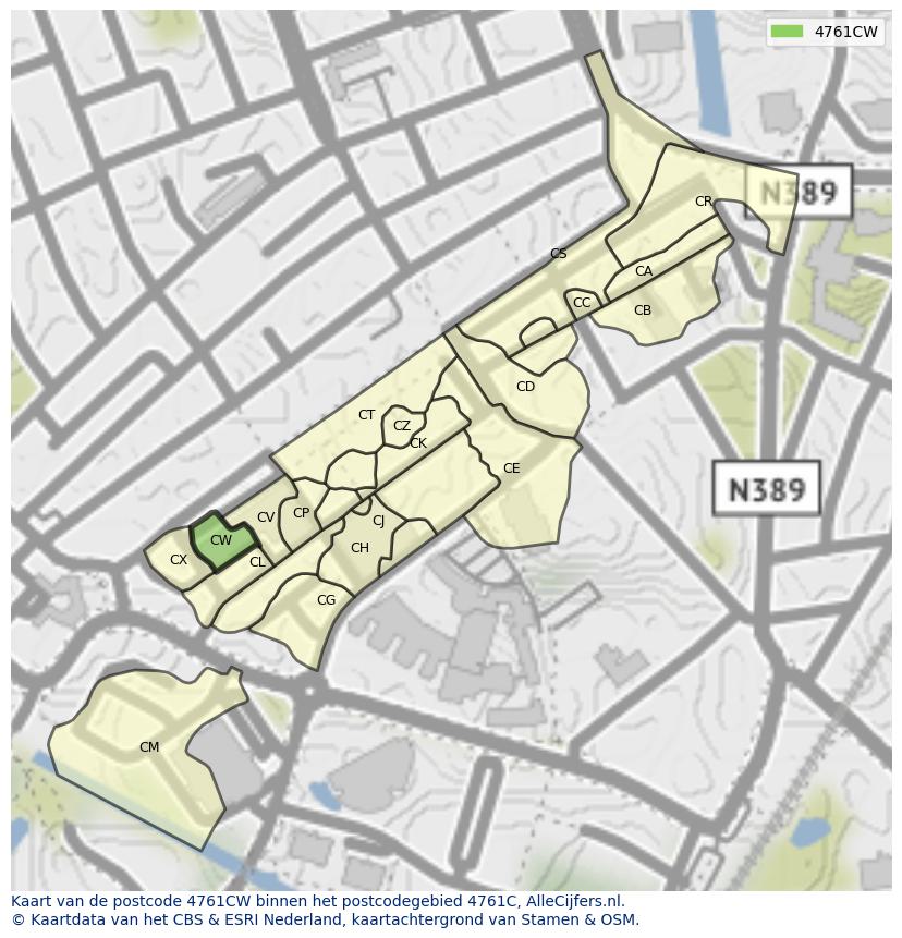 Afbeelding van het postcodegebied 4761 CW op de kaart.