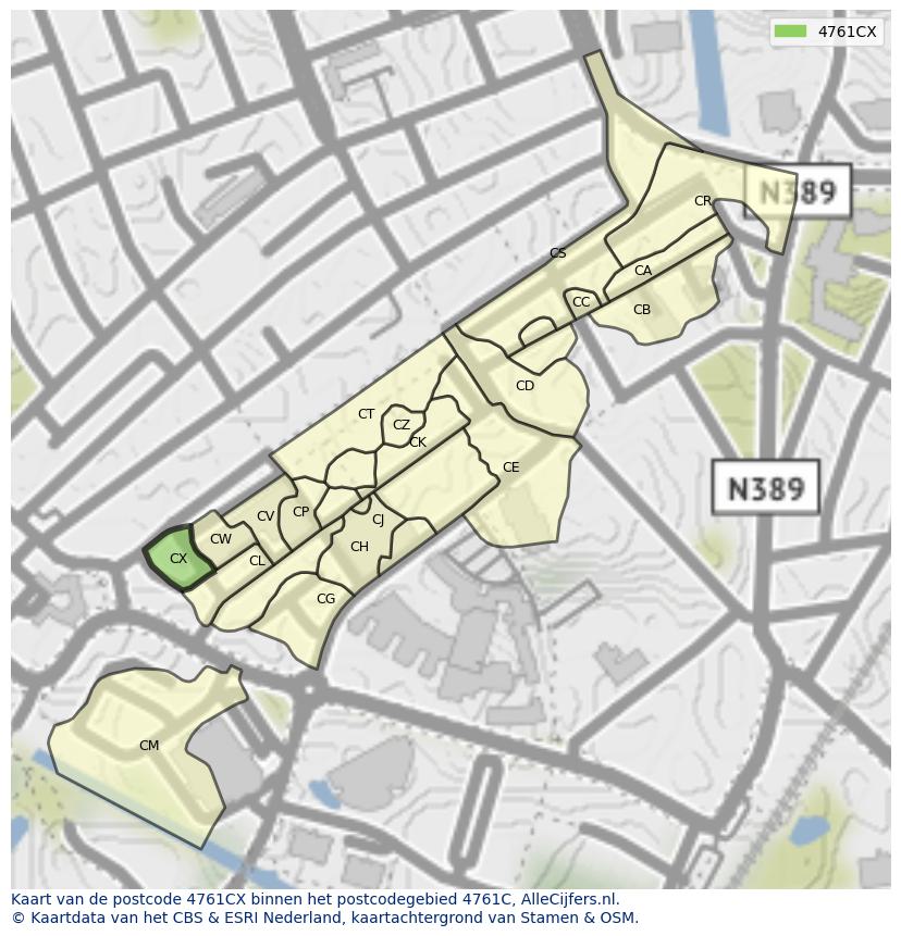 Afbeelding van het postcodegebied 4761 CX op de kaart.
