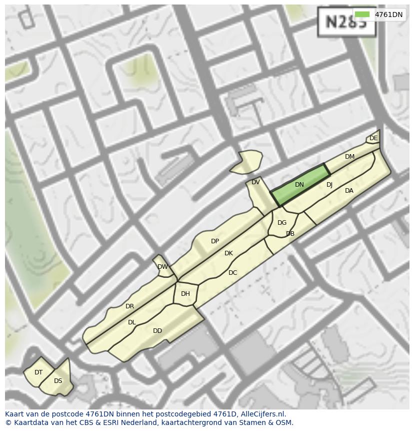 Afbeelding van het postcodegebied 4761 DN op de kaart.