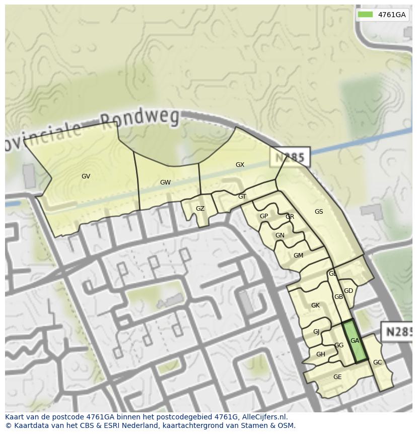 Afbeelding van het postcodegebied 4761 GA op de kaart.