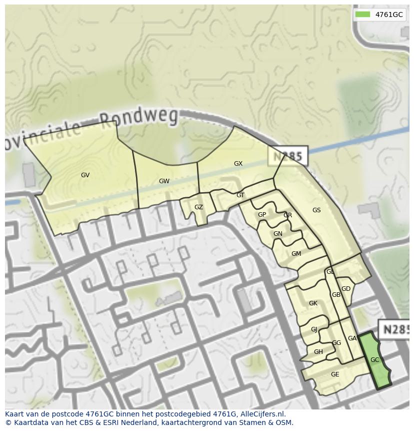 Afbeelding van het postcodegebied 4761 GC op de kaart.