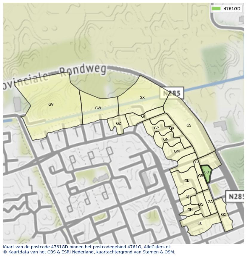 Afbeelding van het postcodegebied 4761 GD op de kaart.
