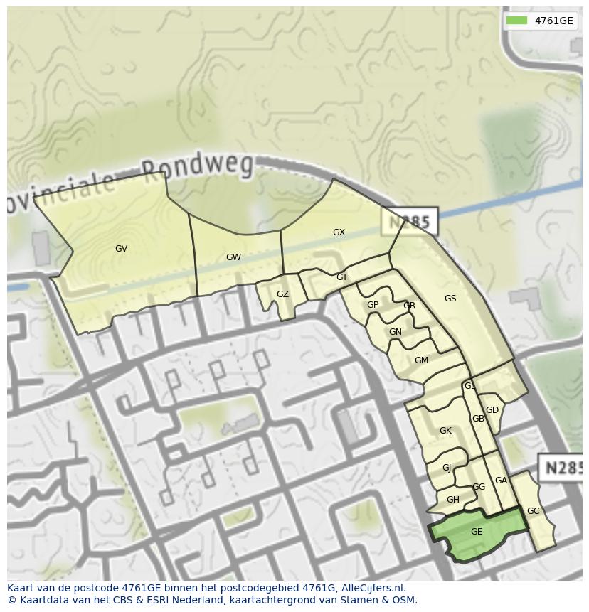 Afbeelding van het postcodegebied 4761 GE op de kaart.