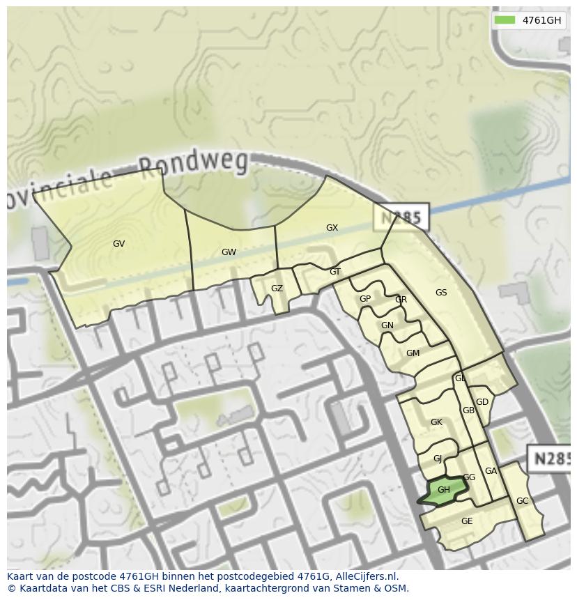 Afbeelding van het postcodegebied 4761 GH op de kaart.