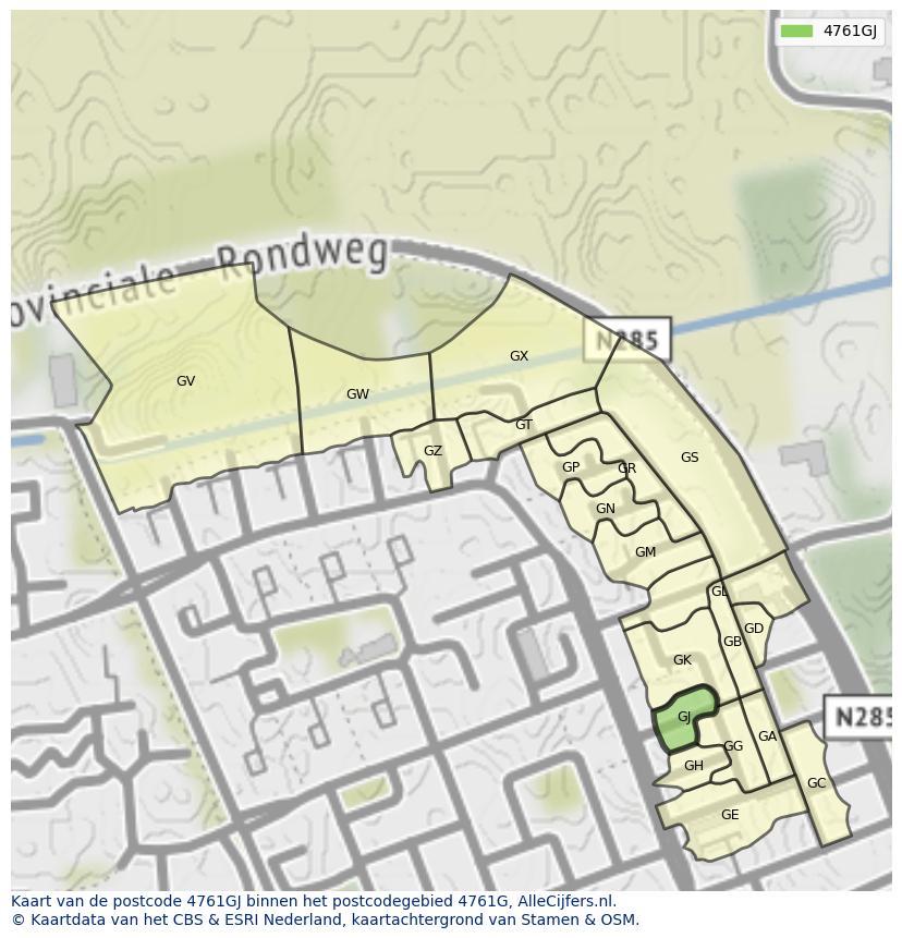 Afbeelding van het postcodegebied 4761 GJ op de kaart.