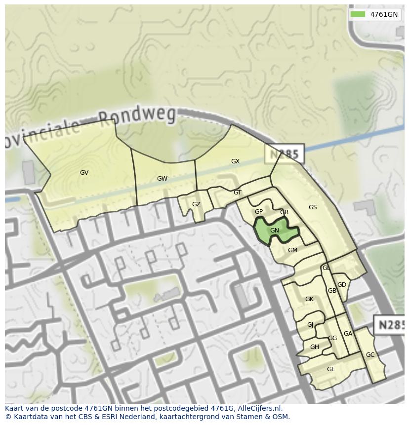 Afbeelding van het postcodegebied 4761 GN op de kaart.