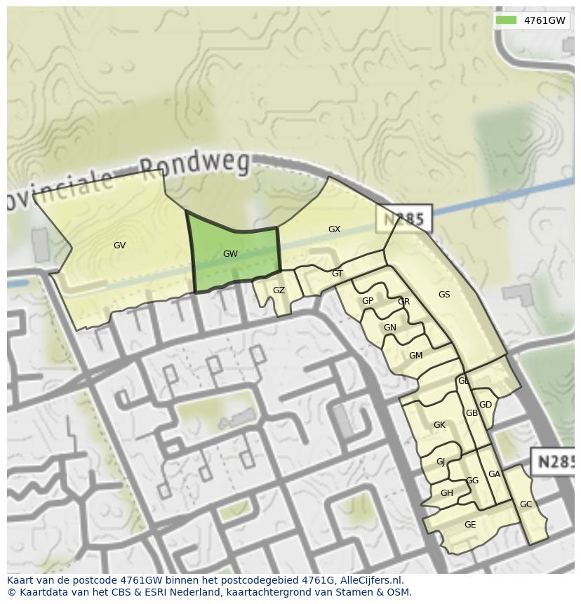 Afbeelding van het postcodegebied 4761 GW op de kaart.