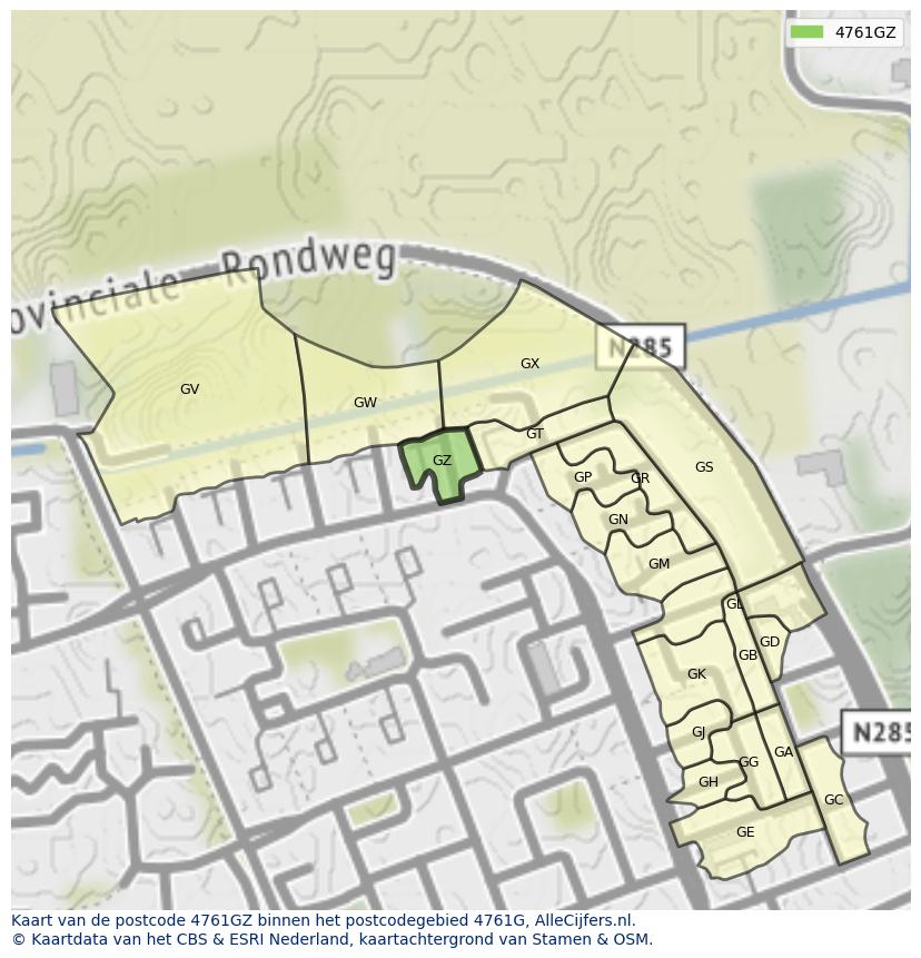 Afbeelding van het postcodegebied 4761 GZ op de kaart.