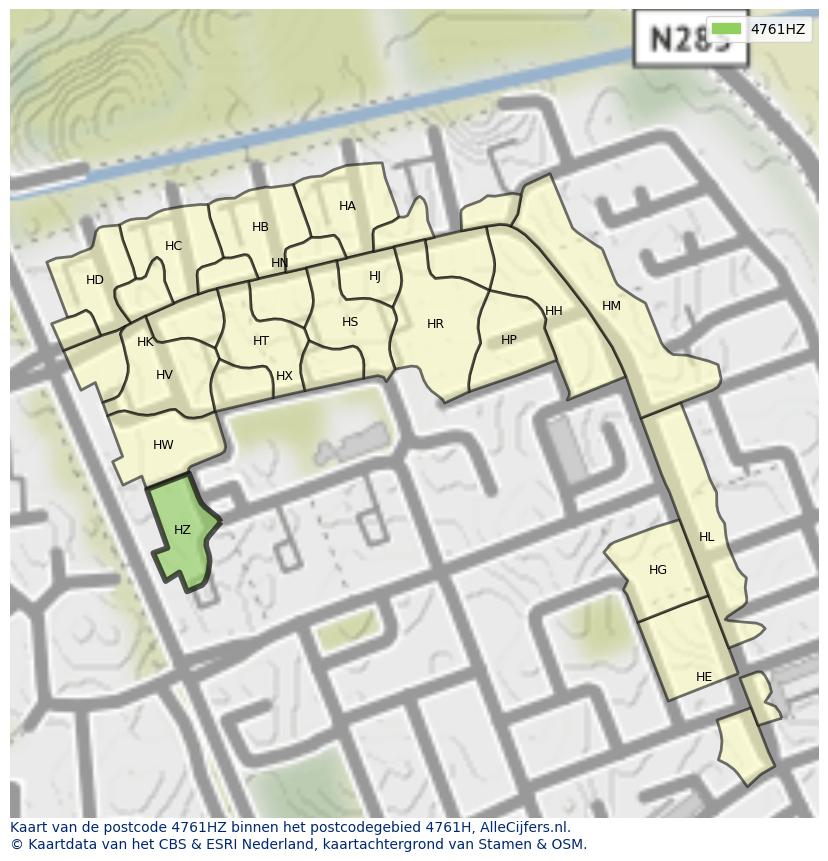 Afbeelding van het postcodegebied 4761 HZ op de kaart.