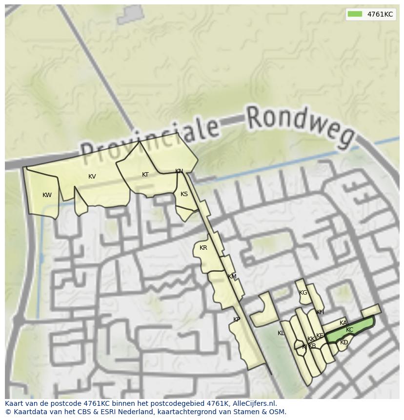 Afbeelding van het postcodegebied 4761 KC op de kaart.