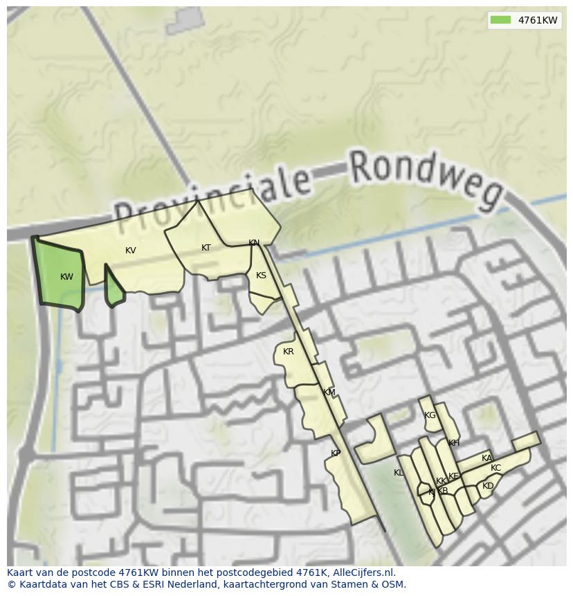 Afbeelding van het postcodegebied 4761 KW op de kaart.
