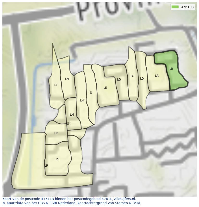 Afbeelding van het postcodegebied 4761 LB op de kaart.