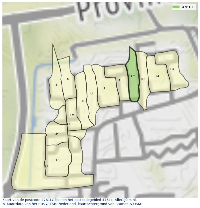 Afbeelding van het postcodegebied 4761 LC op de kaart.