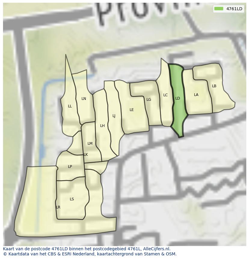 Afbeelding van het postcodegebied 4761 LD op de kaart.