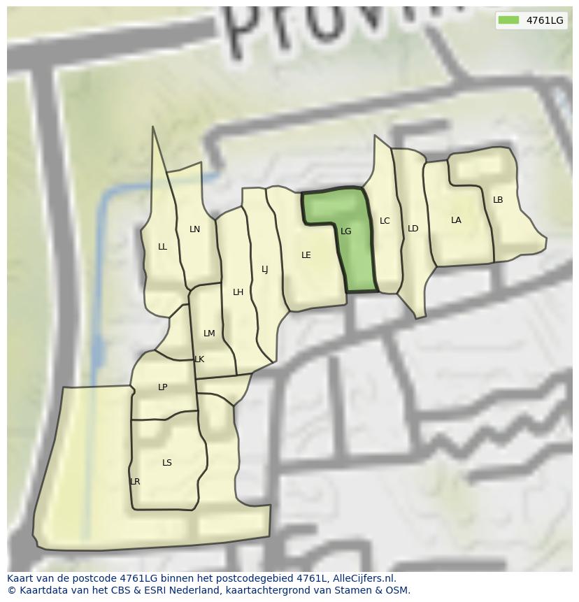 Afbeelding van het postcodegebied 4761 LG op de kaart.