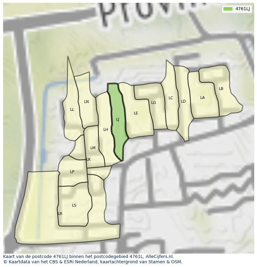 Afbeelding van het postcodegebied 4761 LJ op de kaart.