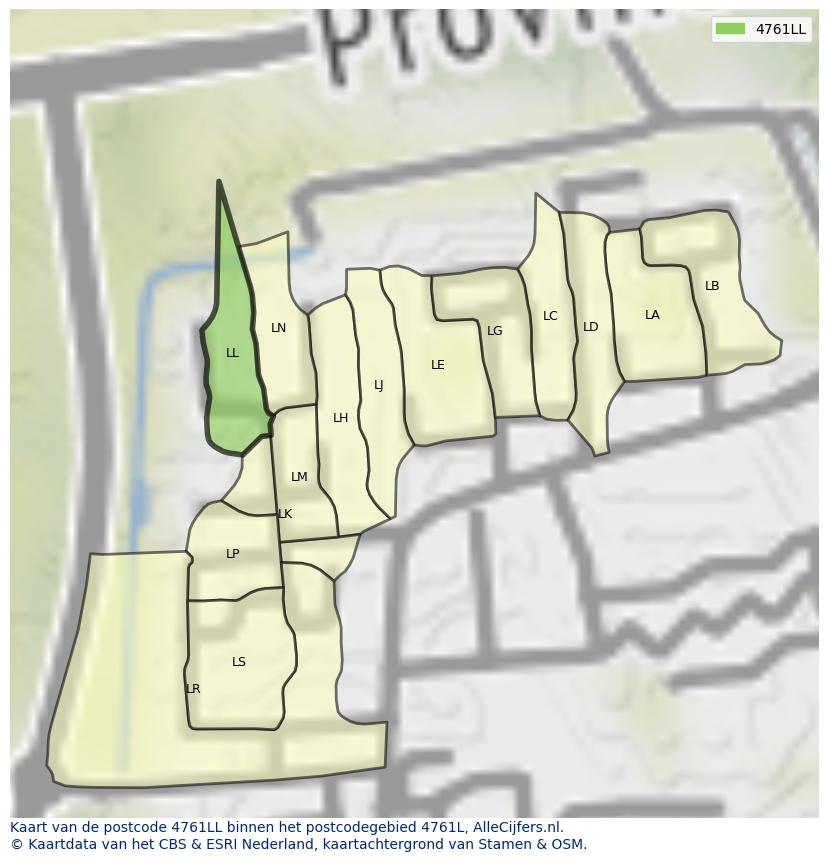 Afbeelding van het postcodegebied 4761 LL op de kaart.
