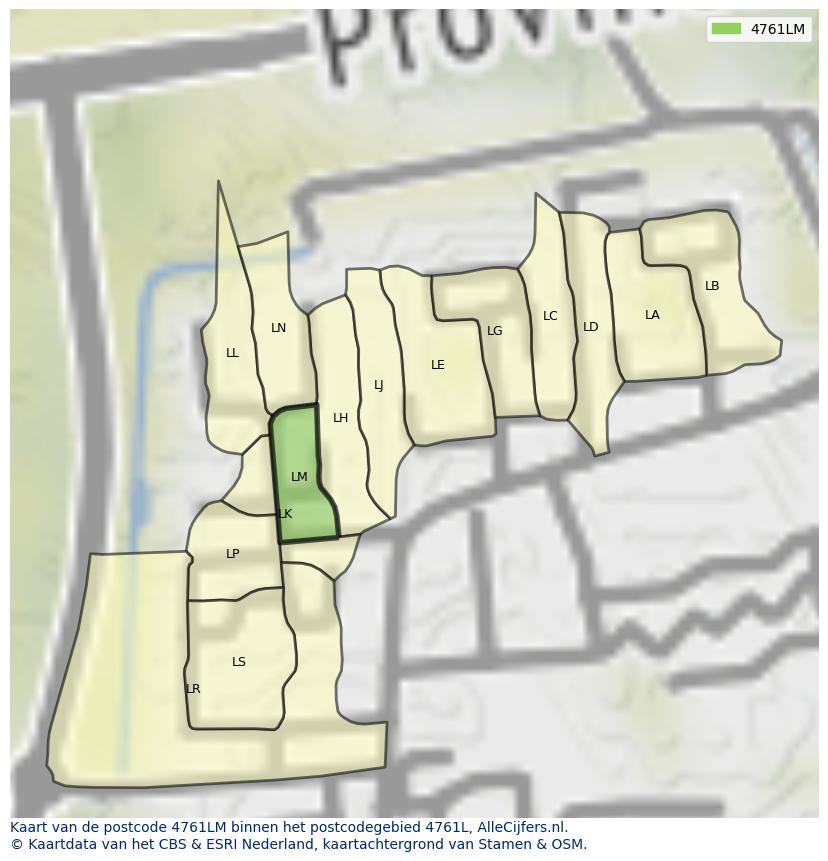 Afbeelding van het postcodegebied 4761 LM op de kaart.
