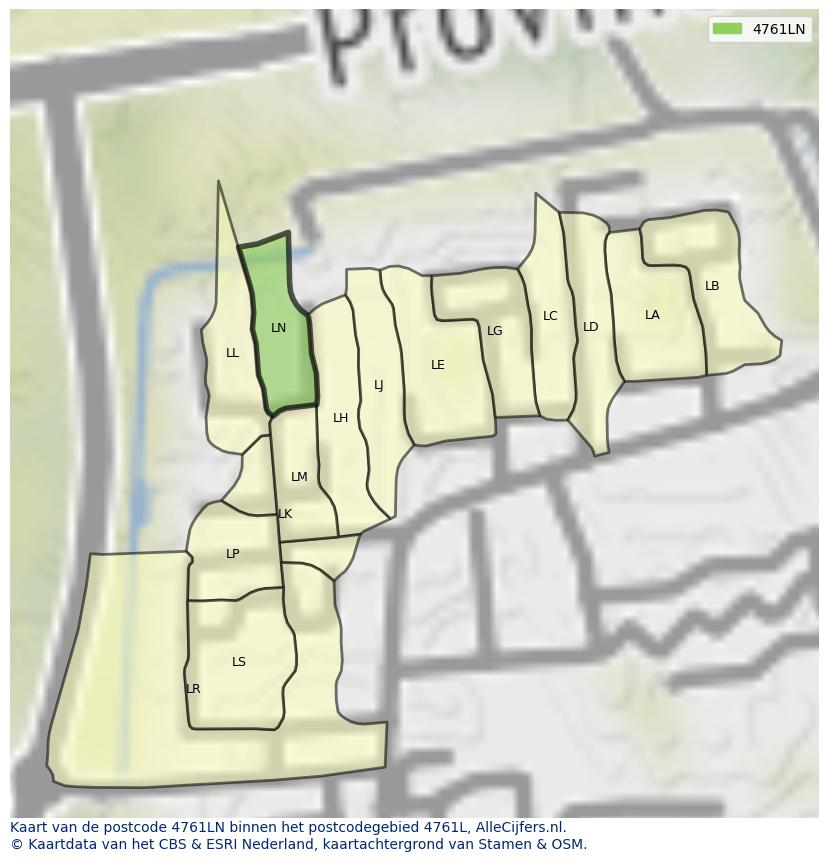 Afbeelding van het postcodegebied 4761 LN op de kaart.