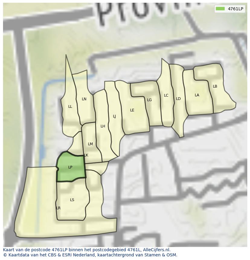 Afbeelding van het postcodegebied 4761 LP op de kaart.