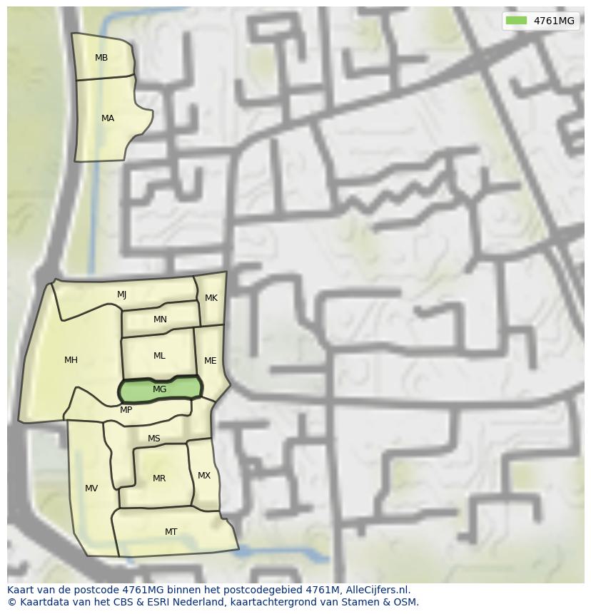 Afbeelding van het postcodegebied 4761 MG op de kaart.